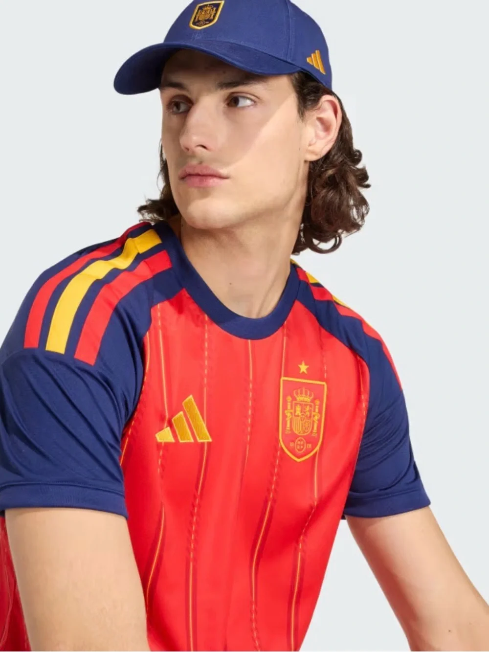 adidas Red and Navy Spain Soccer Jersey with Gold Accents